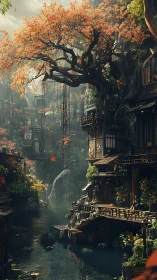 Riverside treehouse village glows under cascading autumn canopy