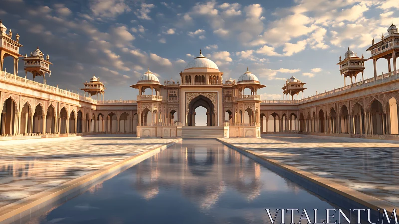 Sunlit palace courtyard opens around a peaceful blue pool