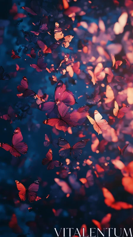 Glowing midnight butterflies drifting through soft twilight skies.
