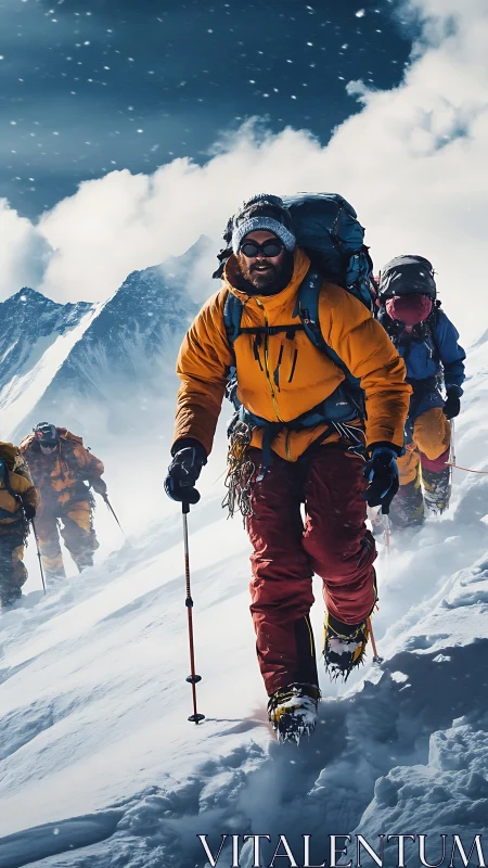 Mountaineers ascend steep snowy ridge under storm sky
