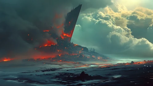 Sky-torn fortress leans into a storm of embers and clouds