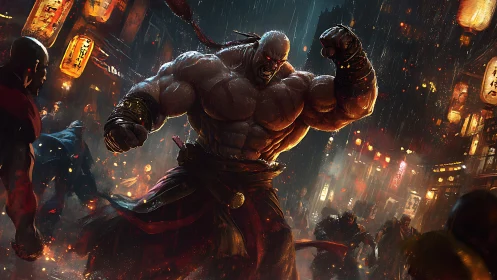 Muscular humanoid figure confronting opponents in rainy street.