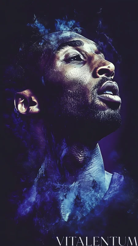 Digitally rendered male portrait in blue smoke textures.