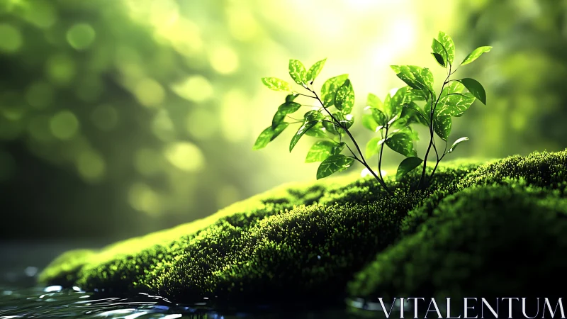 Young plant growing in lush moss with sunlight, nature macro style.