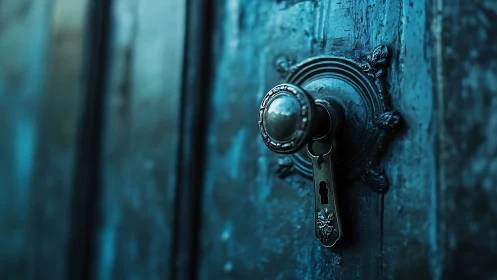 Weathered teal door key waiting at the edge of a secret.