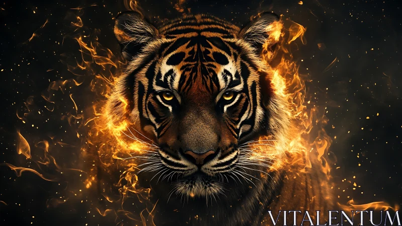 Fiery tiger portrait with blazing embers on dark background.