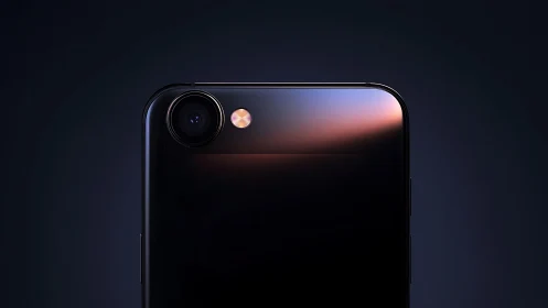 Single-lens smartphone camera with reflective glass backplate under soft gradient lighting