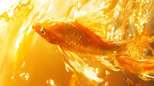 Vibrant goldfish swimming in radiant golden water, hyper-realistic art.