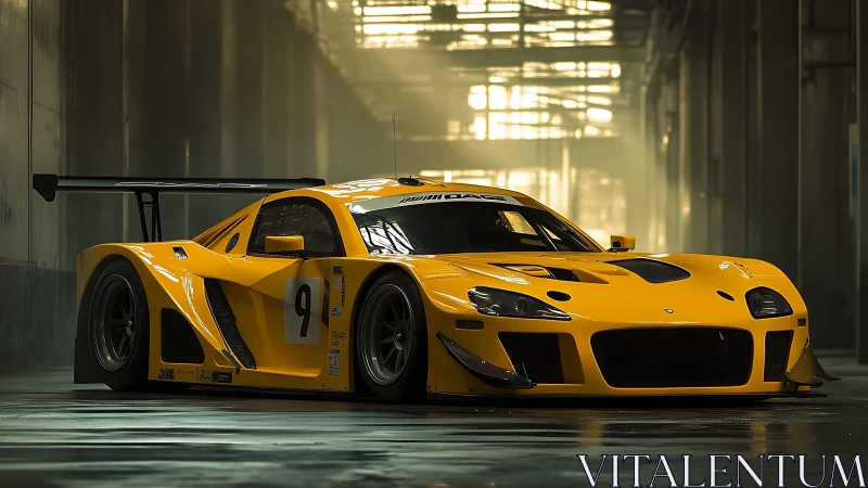Yellow endurance race car poised in industrial light tunnel.