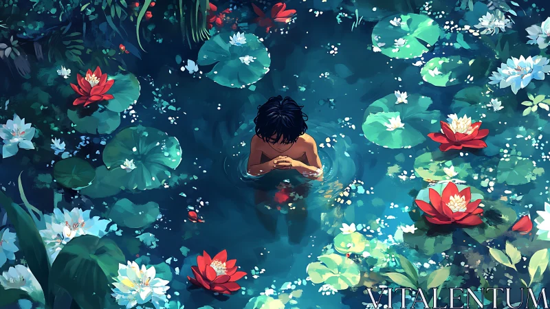 Child standing in lily pond surrounded by red lotuses.