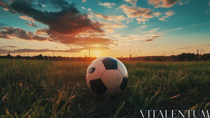 Sunset soccer ball resting in wild grass, waiting for play.