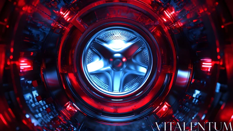 Futuristic Metallic Engine Core with Red and Blue Neon Lighting.