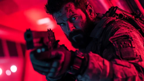 Armed tactical figure in red-lit interior environment.