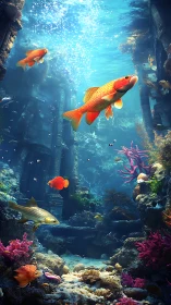Golden fish drifting through a quiet sunlit ruin reef.