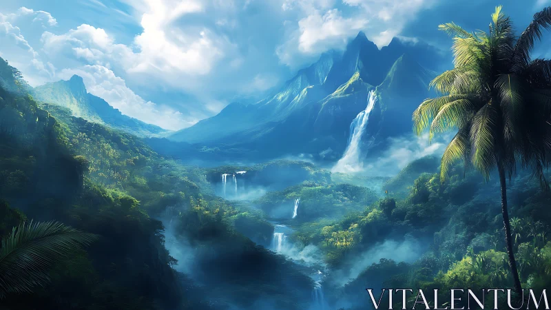 Lush emerald valley unfolds beneath towering misty peaks