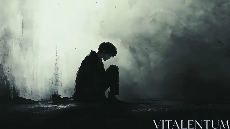 Backlit silhouette of seated figure in high contrast digital mist