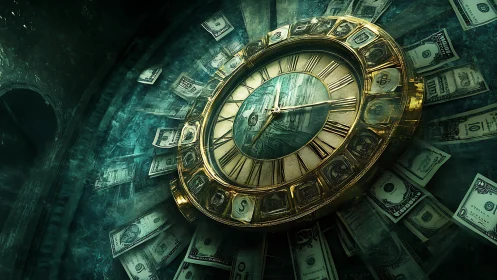 Gilded clock face encircled by layered US dollar bills.