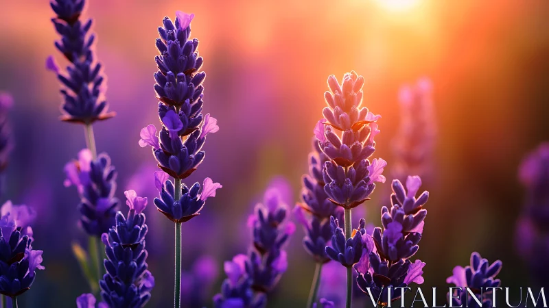 Lavender flower spikes stand in sharp focus at warm sunset light