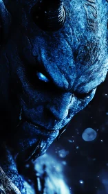 Frozen demon studies the void with a glacier-cold gaze