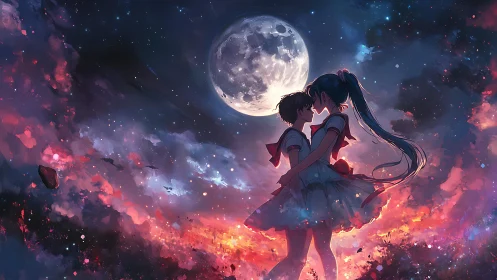 Moonlit anime lovers embrace in a radiant cosmic night sky