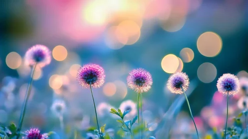 Macro view of spherical wildflowers with soft bokeh light.