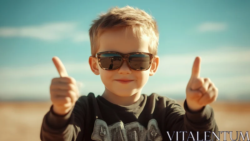 Young Boy Beach Portrait with Sunglasses Thumbs Up Gesture.