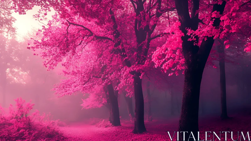 Infrared woodland pathway in saturated magenta tonal palette.