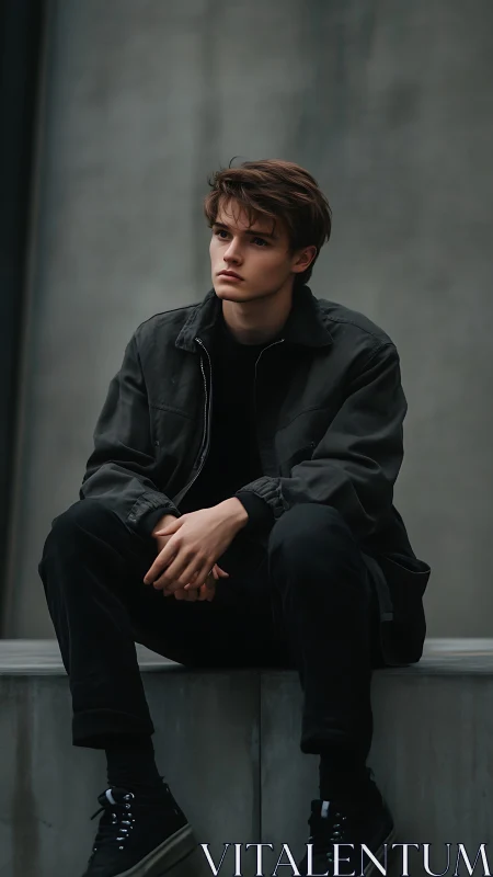 Young man in dark streetwear sitting on concrete ledge.