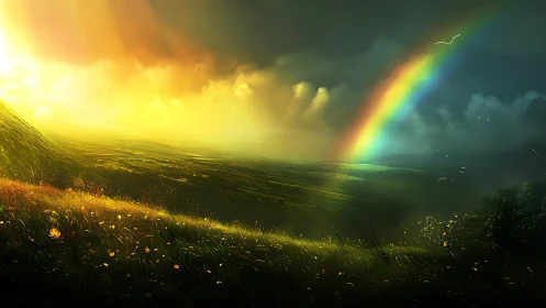 Luminous hill meadow under storm clouds and vivid rainbow.