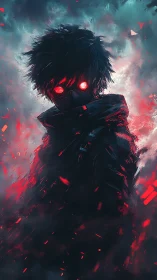 Hooded figure with glowing red eyes stands in smoky embers