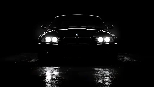 Front view of black coupe with bright headlights at night.