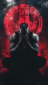 Tattooed man in prayer before distressed red cruciform sigil