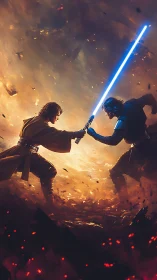 Duelers with energy swords in molten battlefield haze.