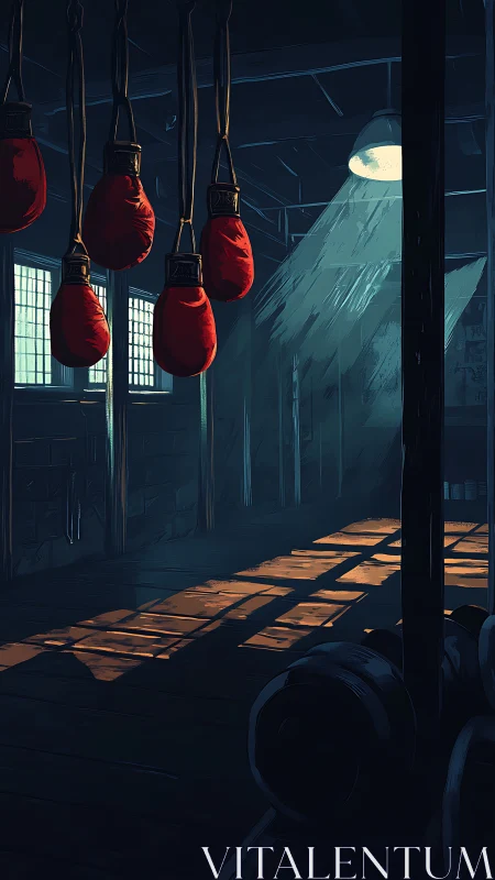 Red boxing gloves hanging in darkened industrial gym