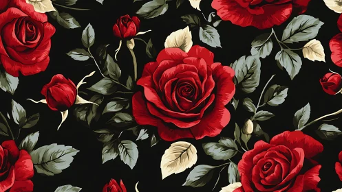 Red Roses with Cream Leaves on Black Background