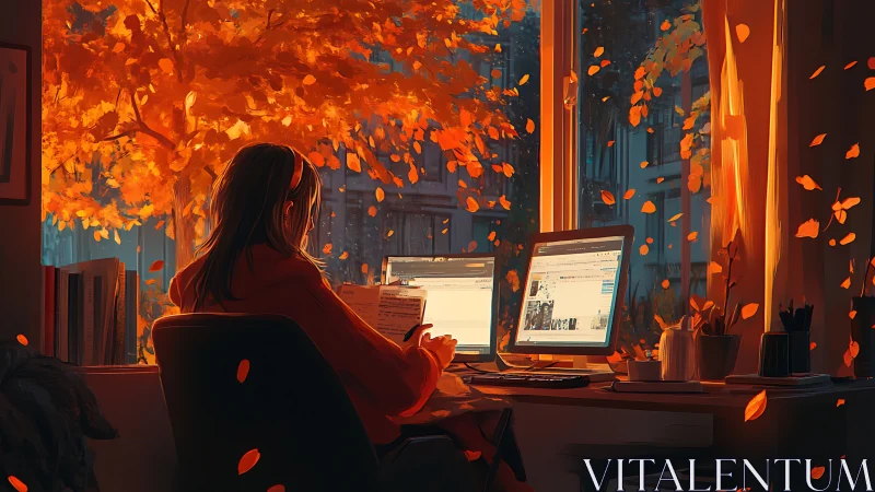 Person working at dual monitors near window with autumn tree.