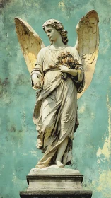 Stone angel statue holding bouquet against aged teal wall.