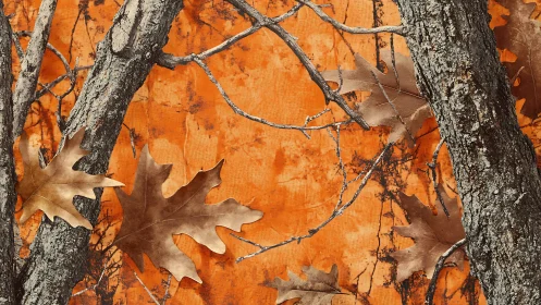 Autumn oak leaves layered on bark over vivid orange field.