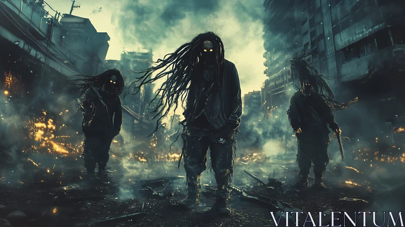 Hooded figures with glowing eyes prowl burning urban ruins