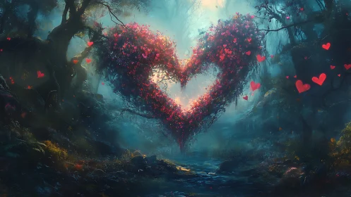 Heart-Shaped Forest Portal Glows Through Misty Woodland
