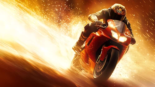 Motorcyclist leaning into fast turn on fiery racetrack.