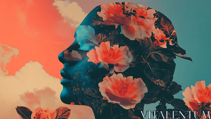 Surreal double-exposure floral silhouette with warm cyan contrast.