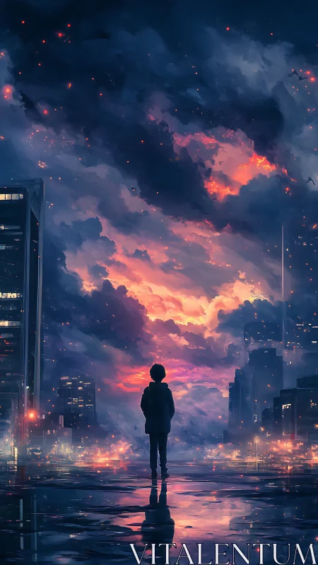 Digital painting of lone figure under neon storm skyline.