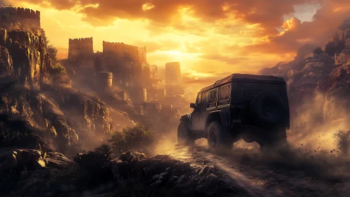 Off road jeep storming canyon road toward sunlit fortress.