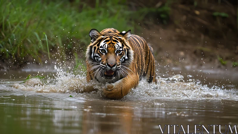 Powerful tiger charges through shimmering river water