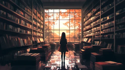 Girl in quiet library facing bright autumn window.