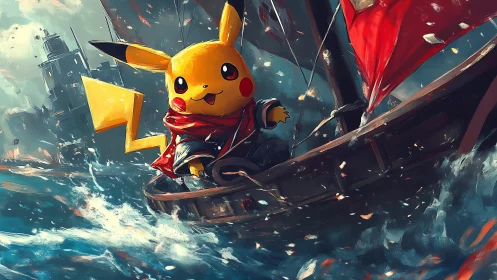 Pikachu navigates storm-tossed seas in dynamic painterly style