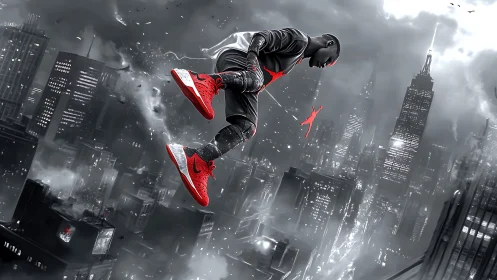 Urban hero descends through monochrome city with red accents