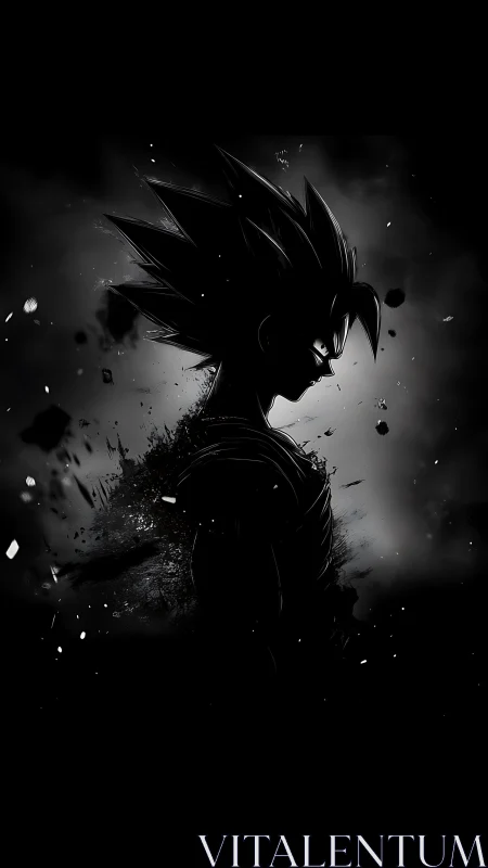 Shadow-charged anime warrior stands in a storm of power