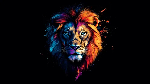 Neon lion portrait glows against deep black void.
